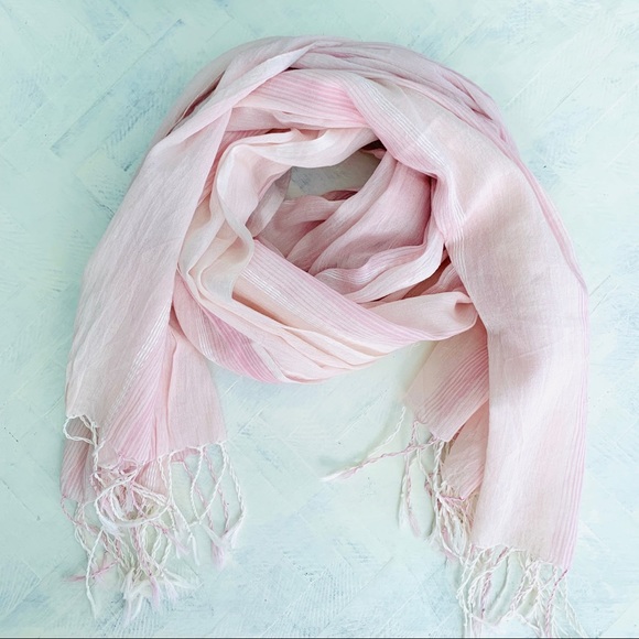Accessories - Light Pink and White Fringed Striped Linen Scarf